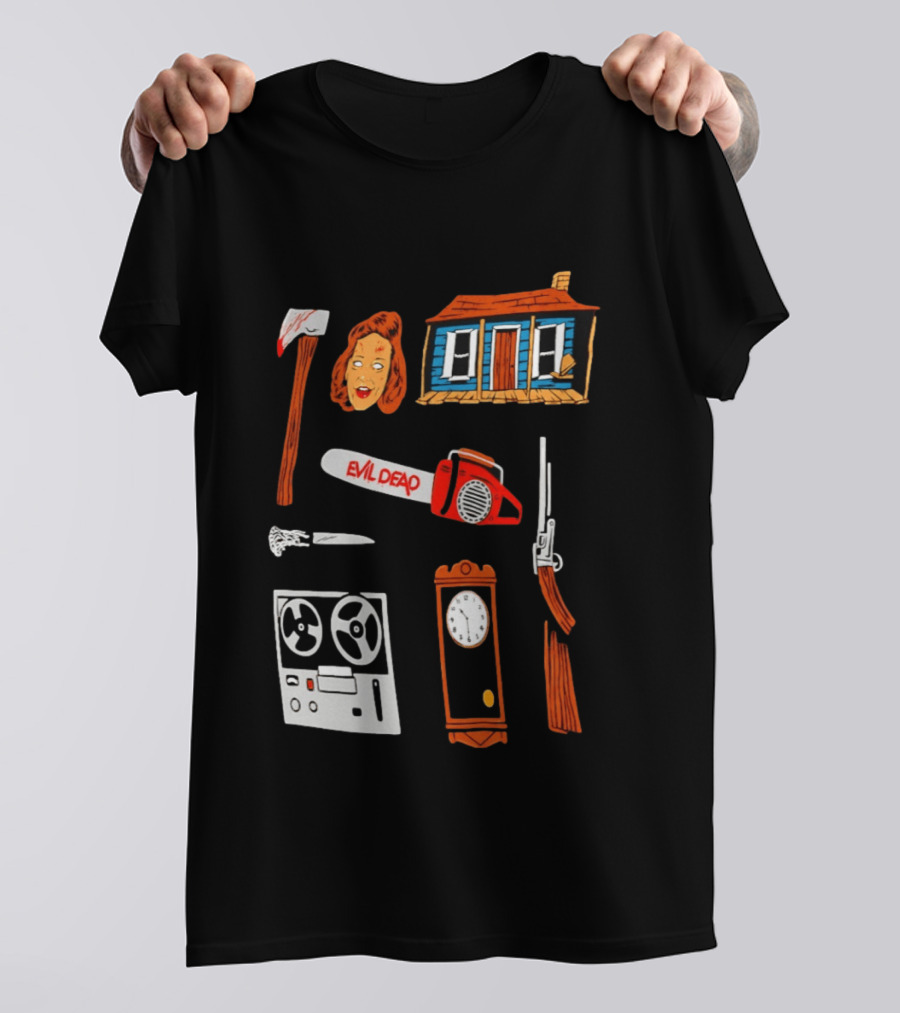 Evil Dead Horror Collage Chainsaw Cabin Axe Ash Williams T-Shirt