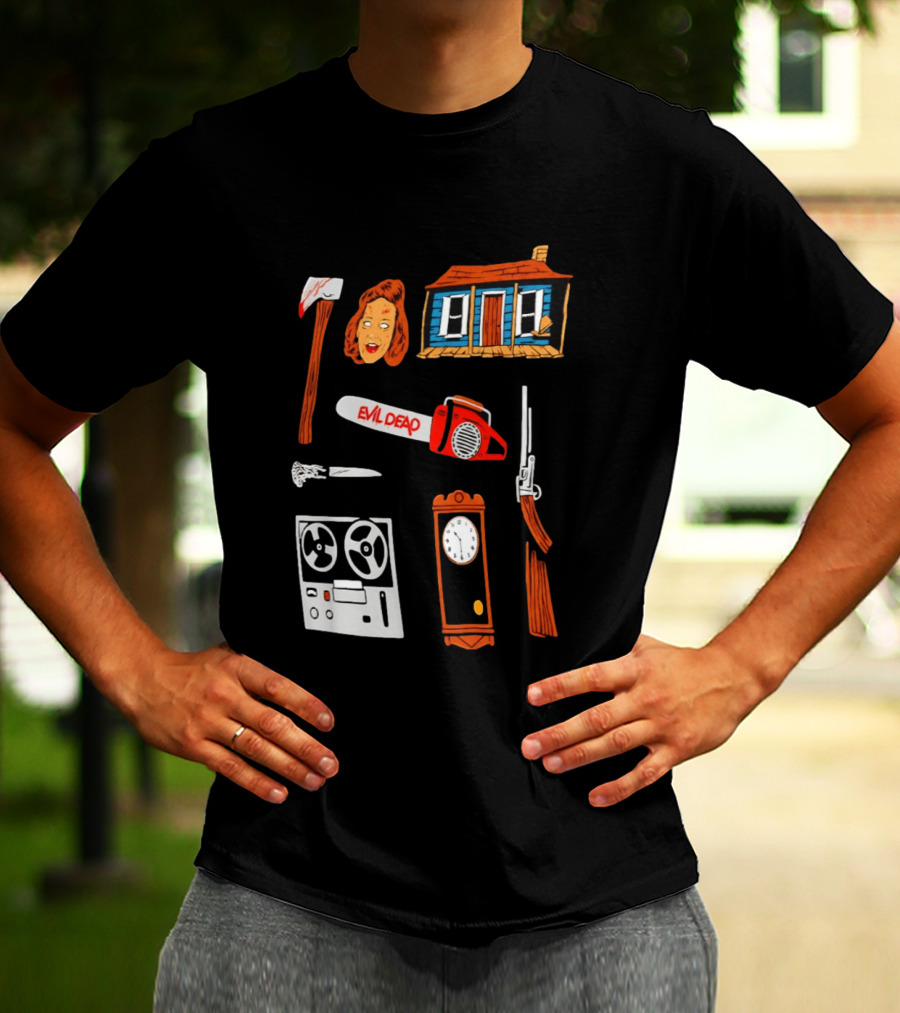 Evil Dead Horror Collage Chainsaw Cabin Axe Ash Williams T-Shirt