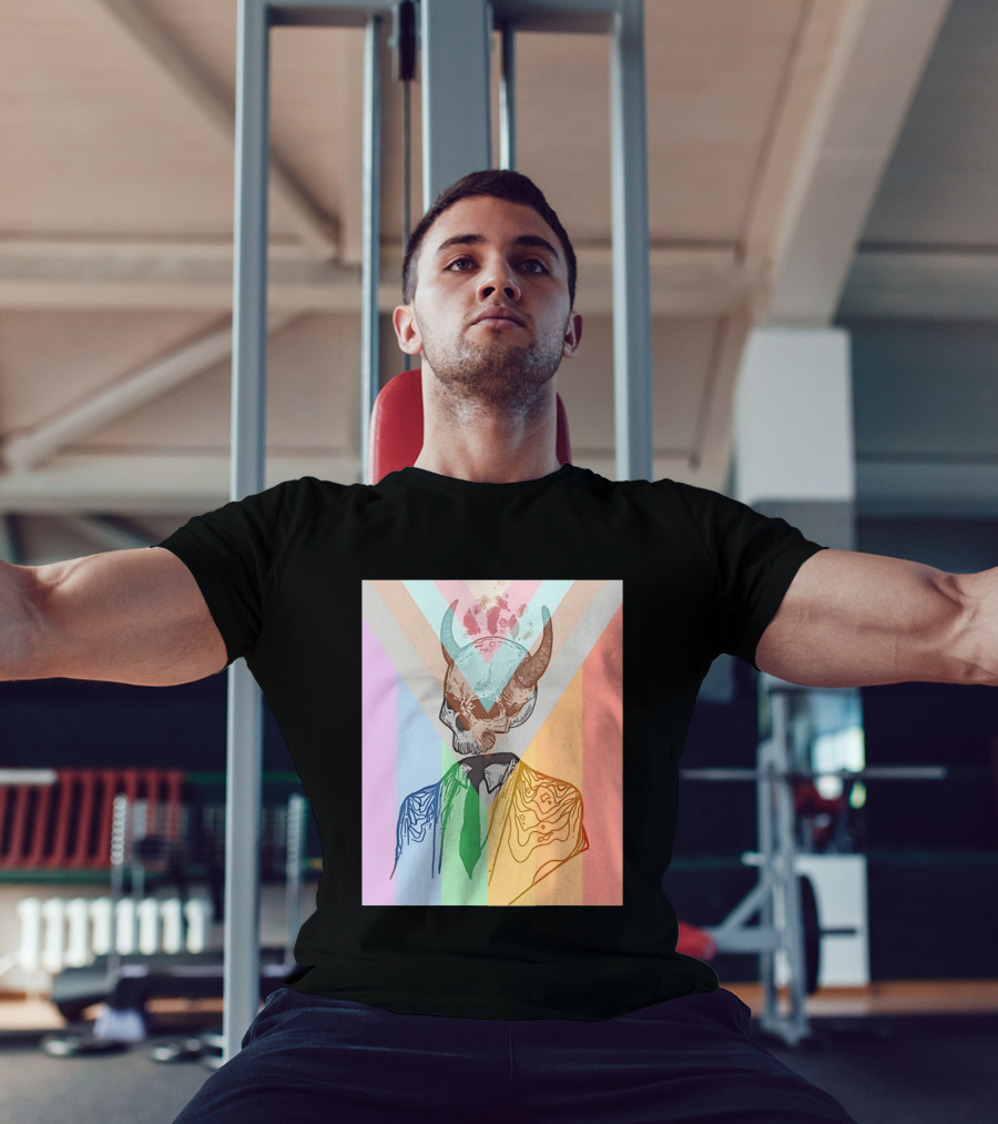 Horned Devil Skull Suit Pride Flag Surrealism Abstract Colorful T-Shirt