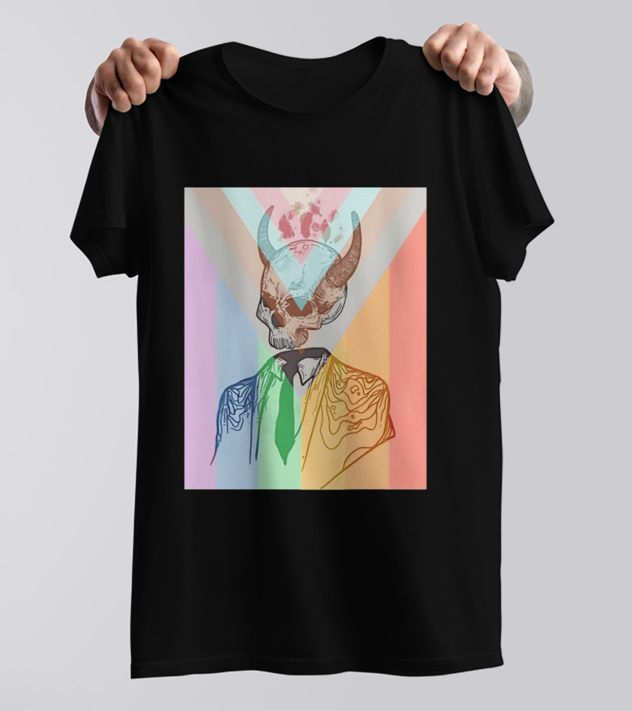 Horned Devil Skull Suit Pride Flag Surrealism Abstract Colorful T-Shirt