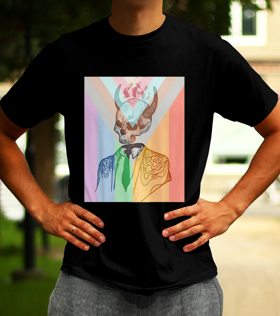 Horned Devil Skull Suit Pride Flag Surrealism Abstract Colorful T-Shirt