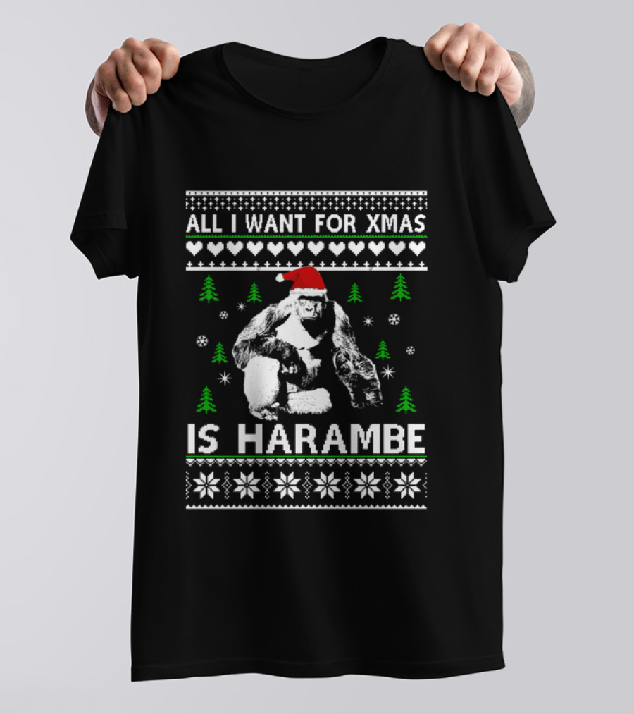 All I Want For Xmas Is Harambe Santa Hat Ugly Christmas T-Shirt