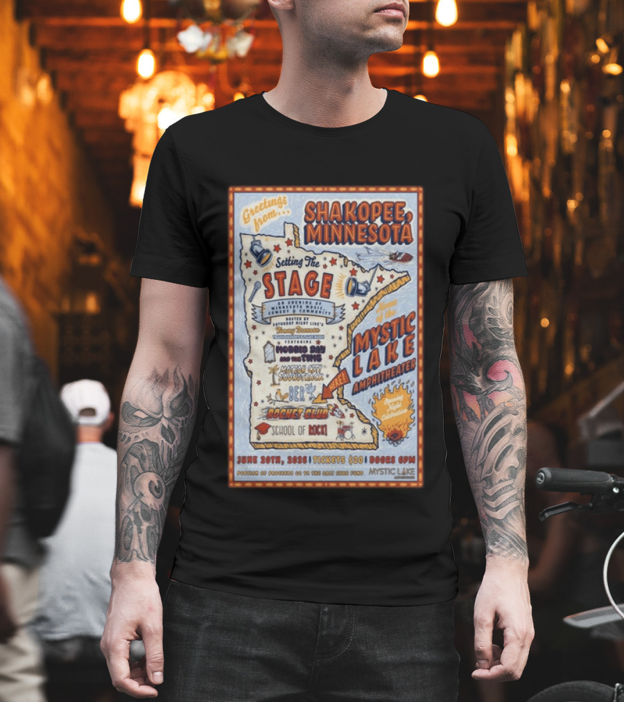 Greetings From Shakopee Minnesota Mystic Lake Amphitheater June 20 2026 Setting The Stage School Of Rock Band Event T-Shirt
