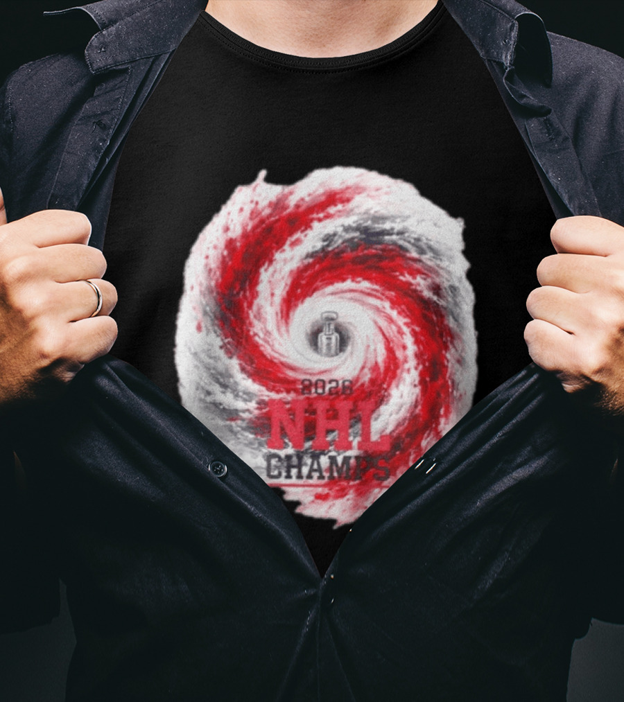 Carolina Hurricanes 2026 NHL Champs Storm With Hockey Trophy And Red Gray Swirl T-Shirt