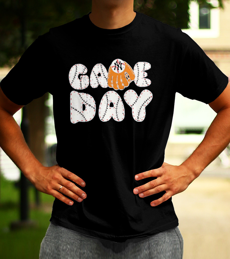 New York Yankees Game Day Baseball MLB NYY Glove And Ball Stitching T-Shirt