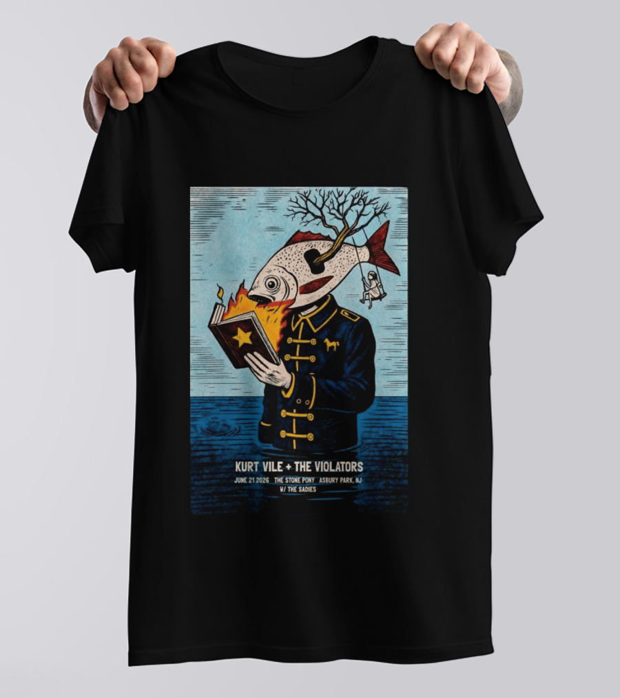Kurt Vile + The Violators June 21 2026 Stone Pony Asbury Park NJ W/ The Sadies Surreal Fish Head Reading Book Burning Tree Swing T-Shirt