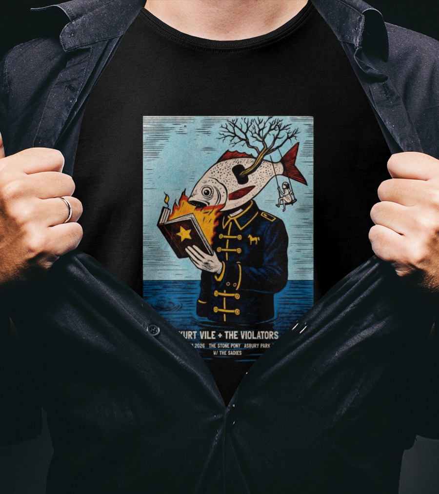 Kurt Vile + The Violators June 21 2026 Stone Pony Asbury Park NJ W/ The Sadies Surreal Fish Head Reading Book Burning Tree Swing T-Shirt