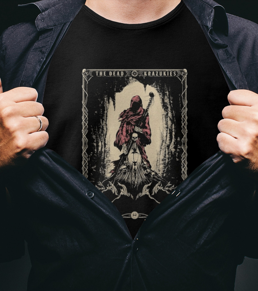 The Dead Krazukies From The Underworld Hooded Figure With Staff And Skulls T-Shirt