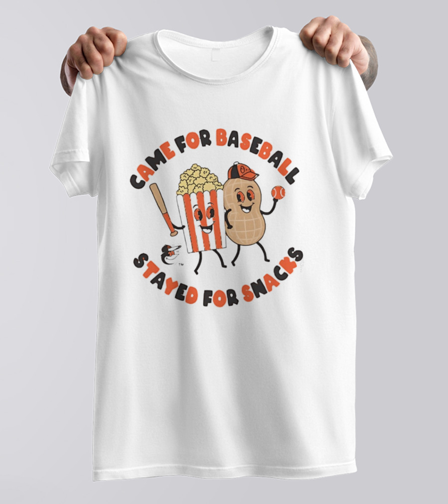Baltimore Orioles Came For Baseball Stayed For Snacks Popcorn Peanut Baseball Bat T-Shirt