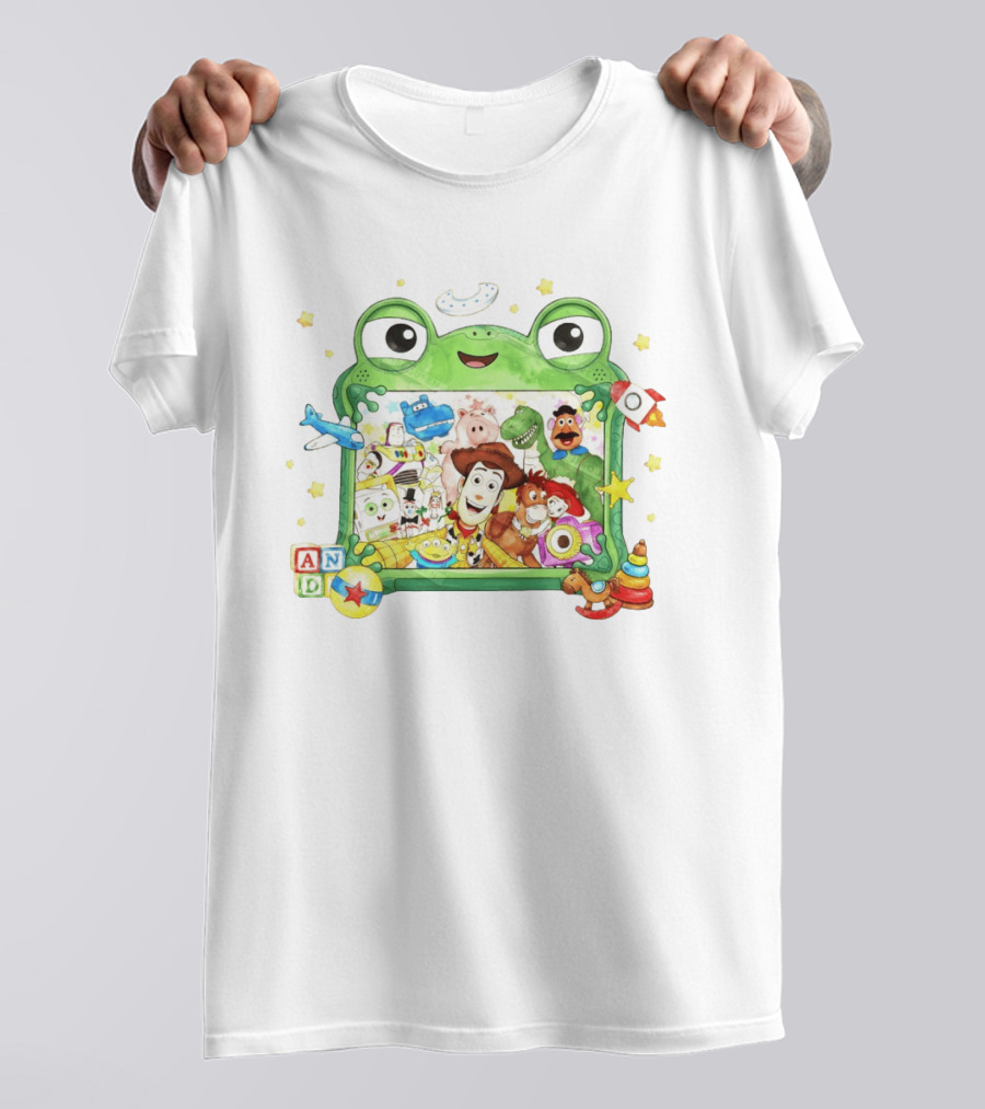 Woody And Buzz Lightyear Toy Story Characters Inside Frog Frame With Andy Blocks T-Shirt