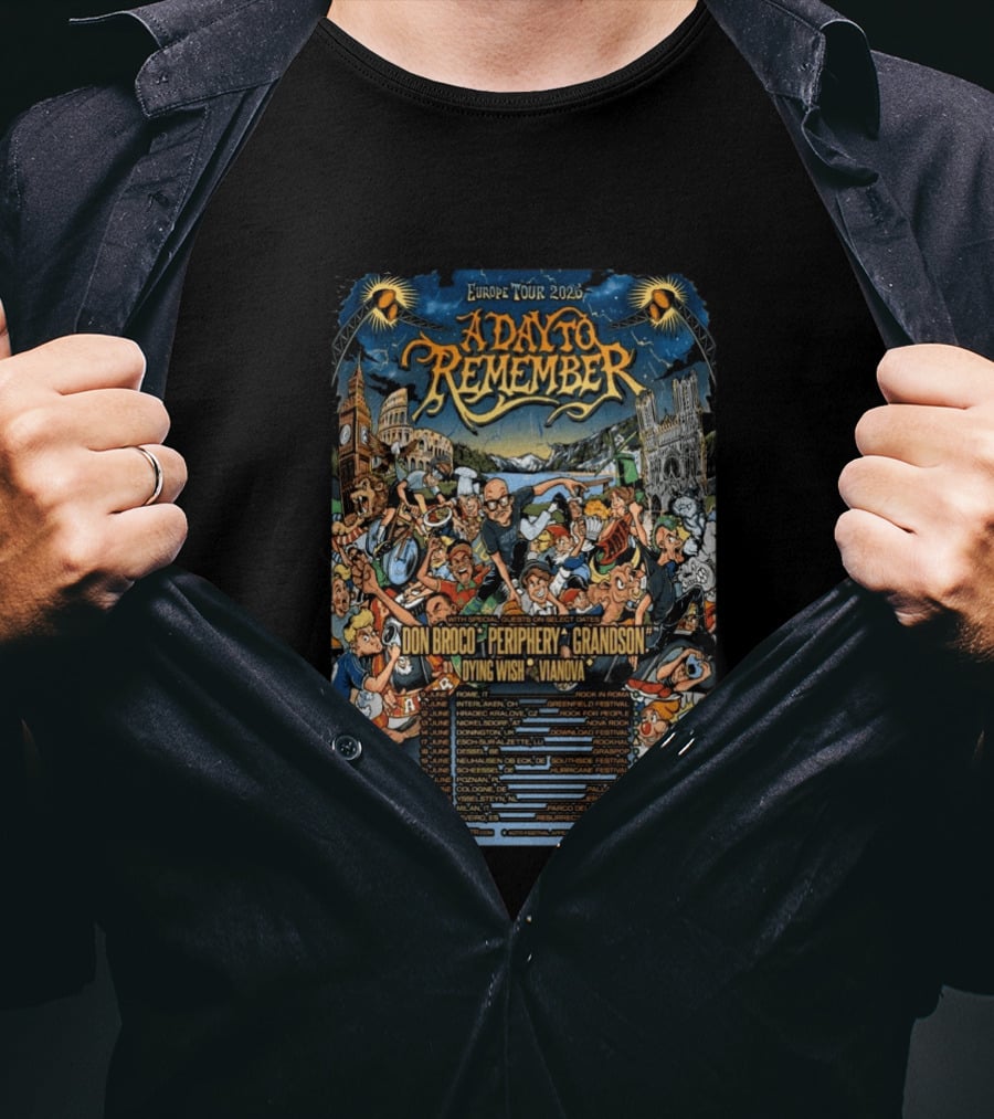 A Day To Remember Europe Tour 2026 Featuring Don Broco Periphery Grandson Dying Wish Vianova T-Shirt