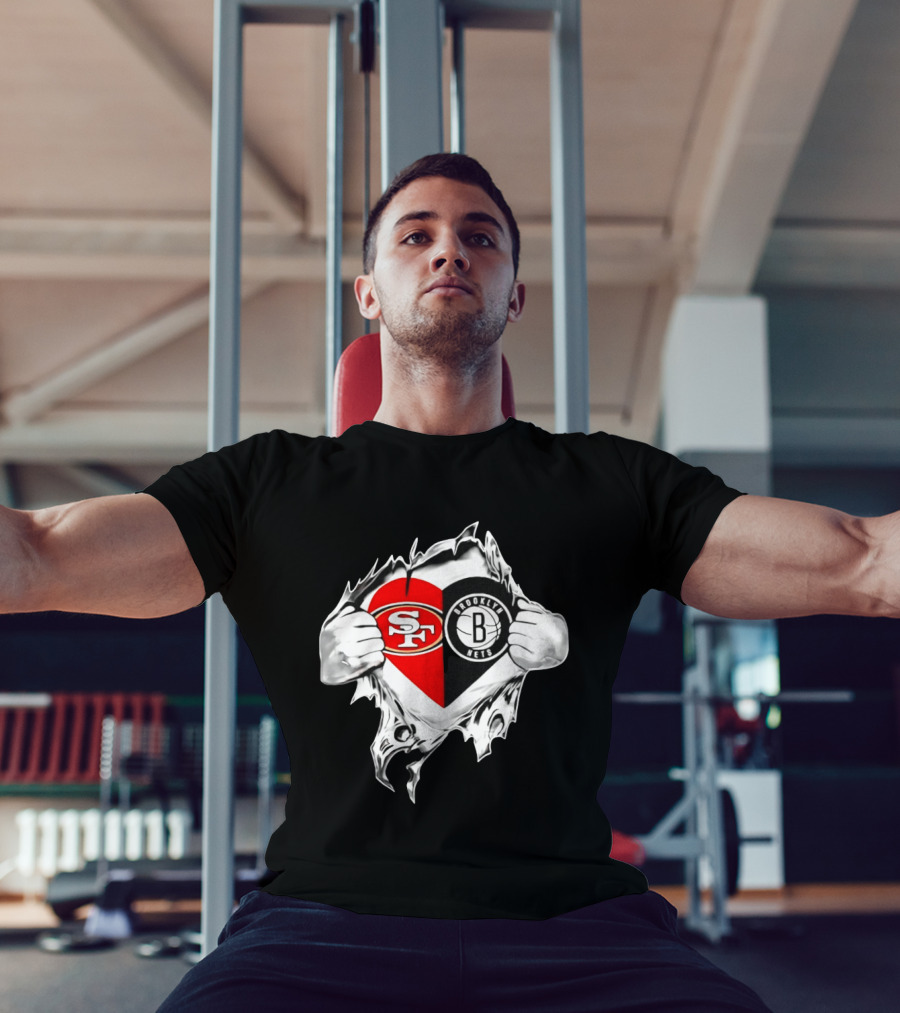 San Francisco 49ers Brooklyn Nets Heart Design Scratch Image T-Shirt