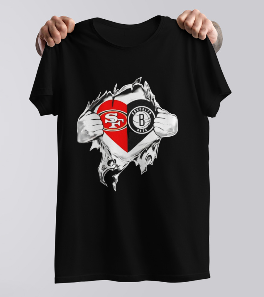 San Francisco 49ers Brooklyn Nets Heart Design Scratch Image T-Shirt