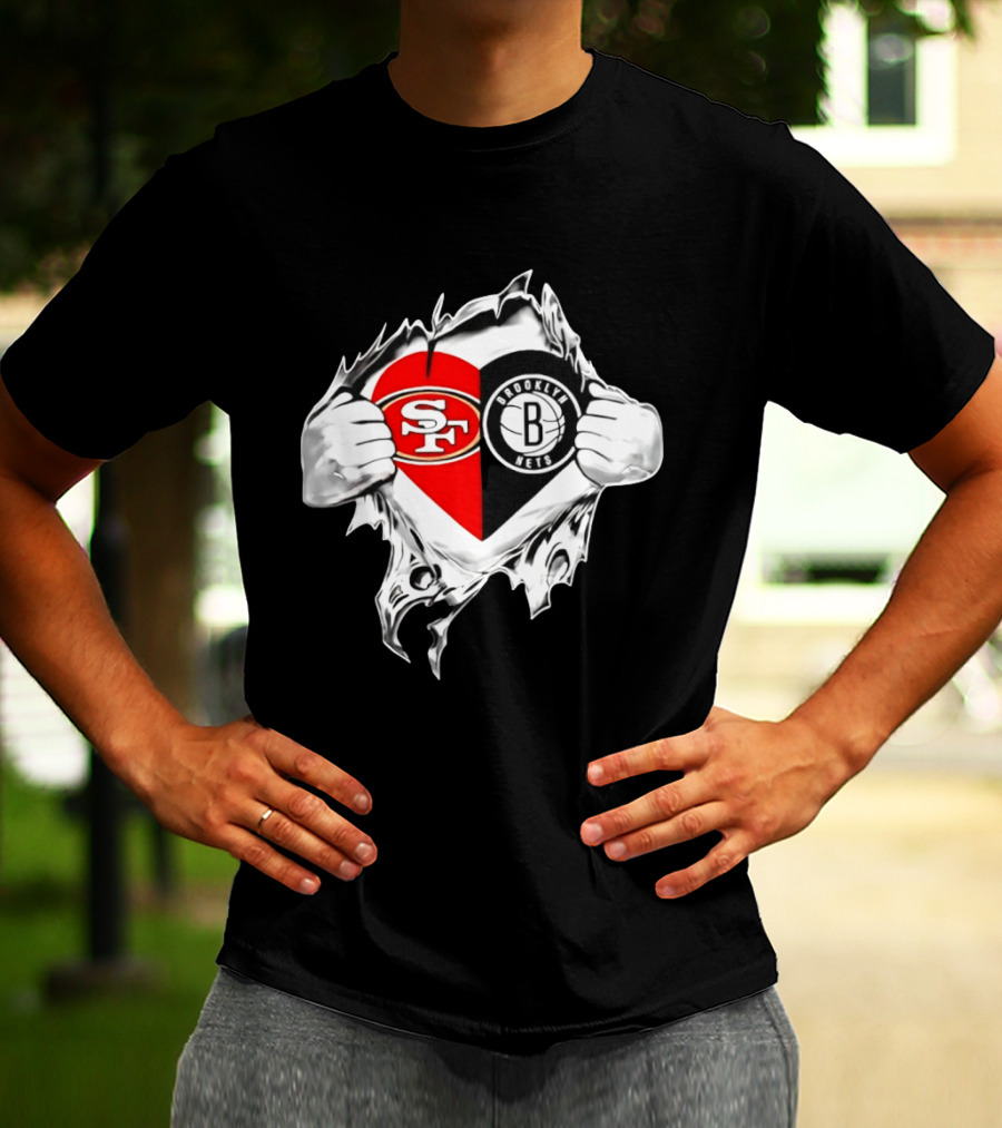 San Francisco 49ers Brooklyn Nets Heart Design Scratch Image T-Shirt