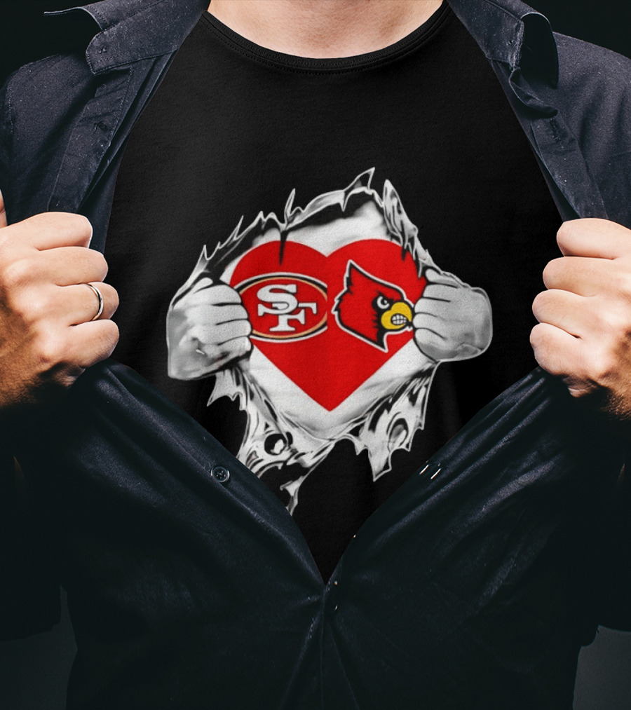 Louisville Cardinals San Francisco 49ers Heart Torn Edge Team Pride T-Shirt