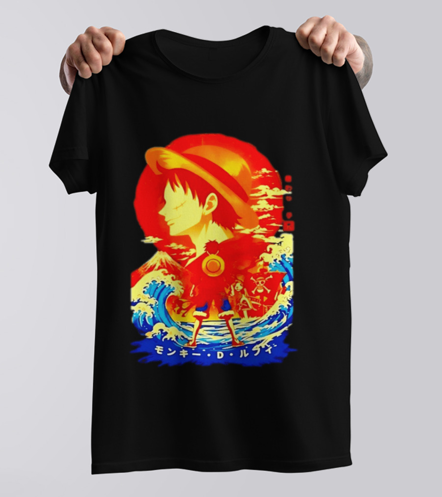 Monkey D. Luffy Straw Hat Waves Japanese Text One Piece Anime T-Shirt