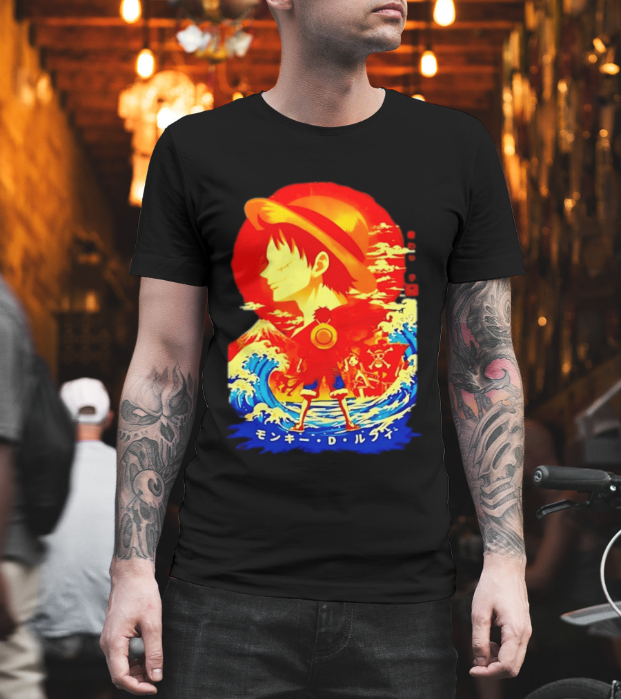 Monkey D. Luffy Straw Hat Waves Japanese Text One Piece Anime T-Shirt