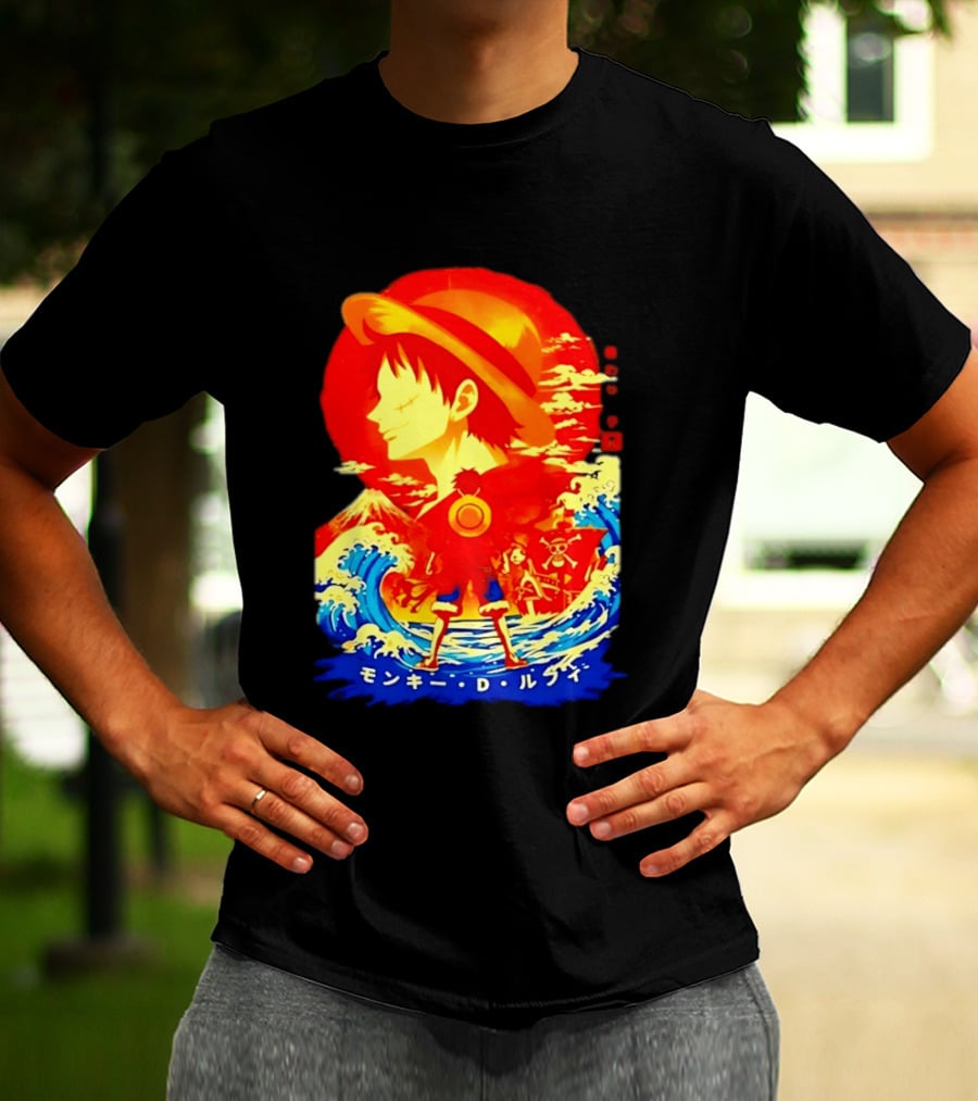 Monkey D. Luffy Straw Hat Waves Japanese Text One Piece Anime T-Shirt