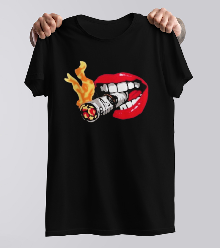 Flaming Smoking Money Lips Chenille T-Shirt
