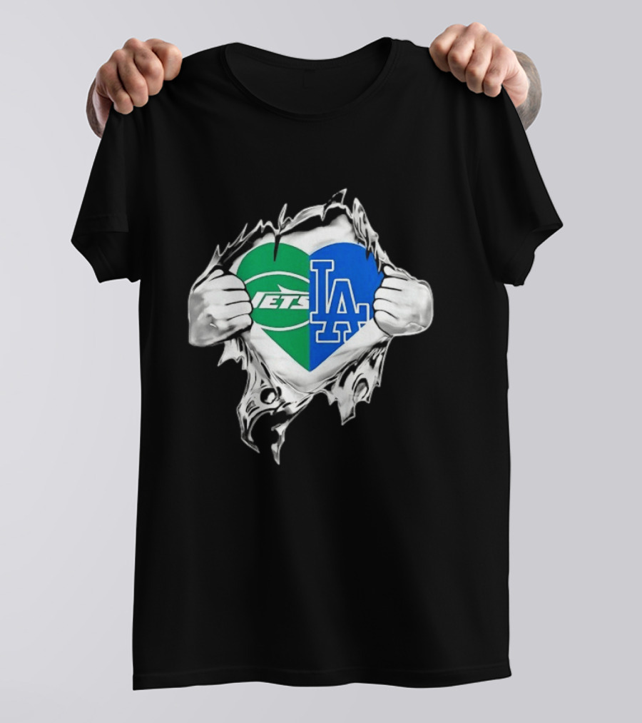 New York Jets Los Angeles Dodgers Heart Scratch T-Shirt