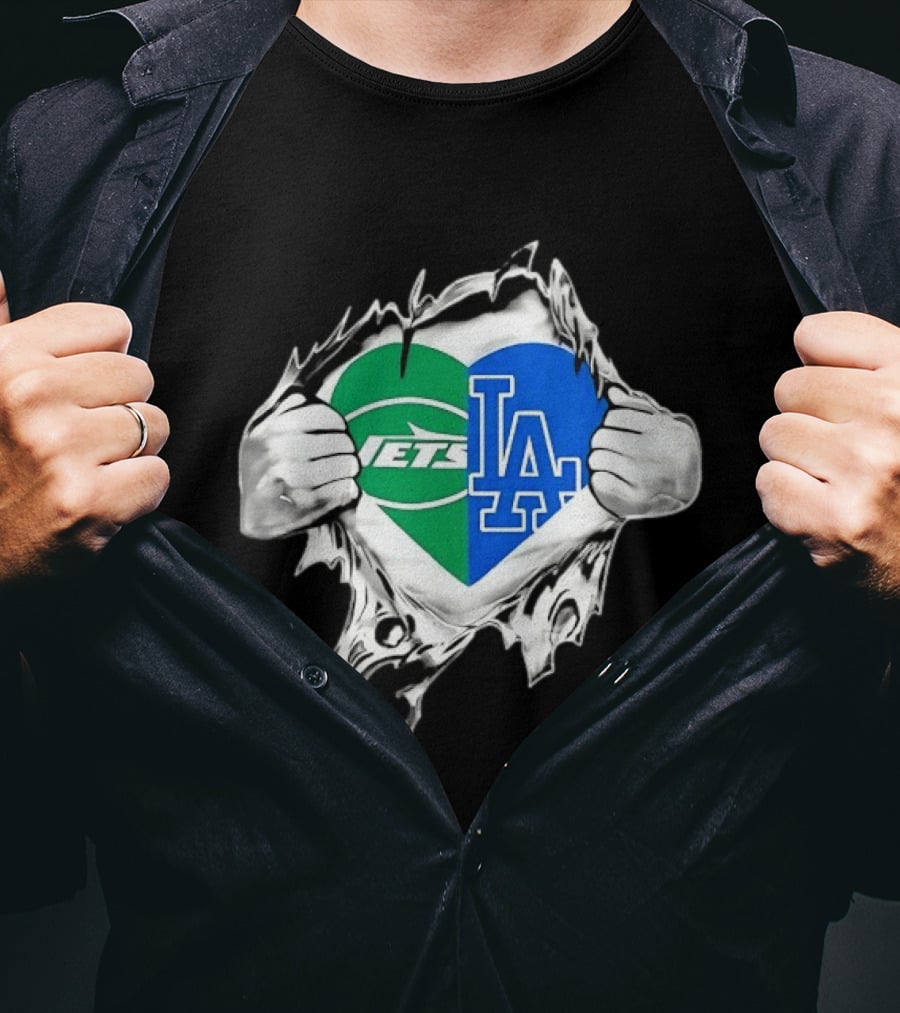 New York Jets Los Angeles Dodgers Heart Scratch T-Shirt