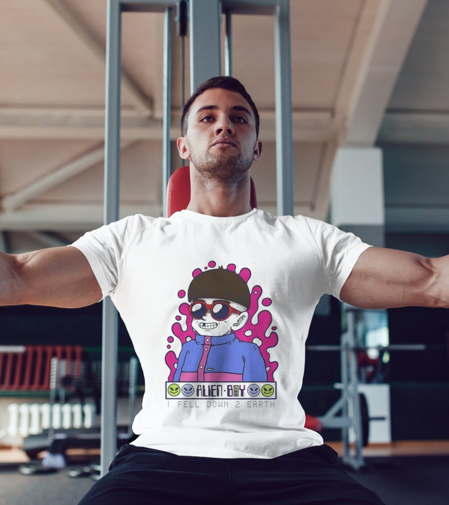 Alien Boy I Fell Down 2 Earth Cool Kid Retro Pink Smiley Vibes T-Shirt