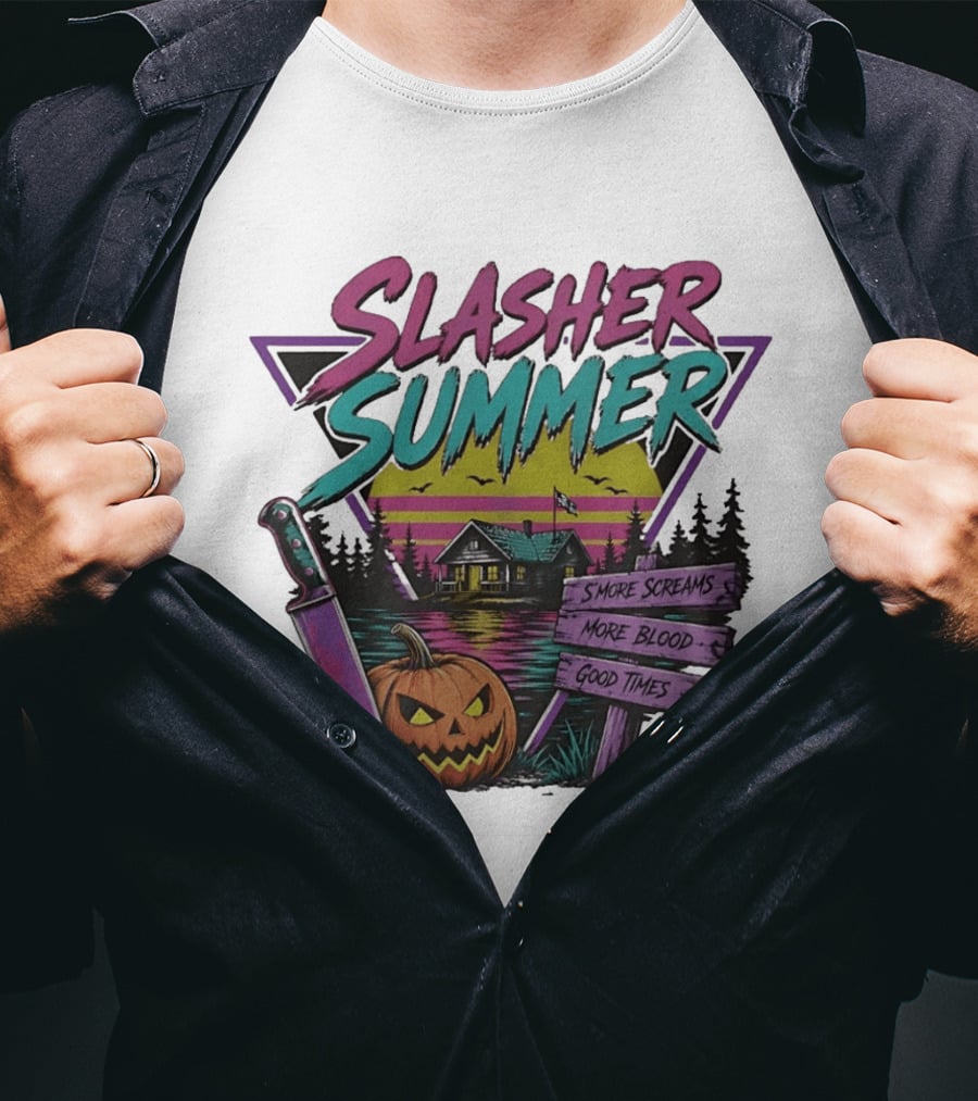 Slasher Summer S'more Screams More Blood Good Times Cabin Pumpkin Knife T-Shirt
