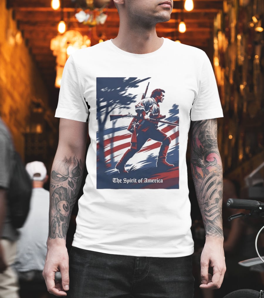 The Spirit Of America Revolutionary War Soldier With Musket And American Flag T-Shirt