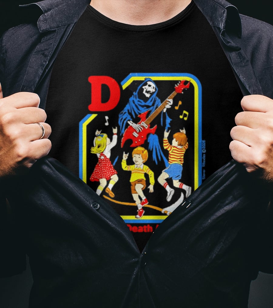 D Is For Death Metal Grim Reaper Kids Rocking Out With Electric Guitar T-Shirt
