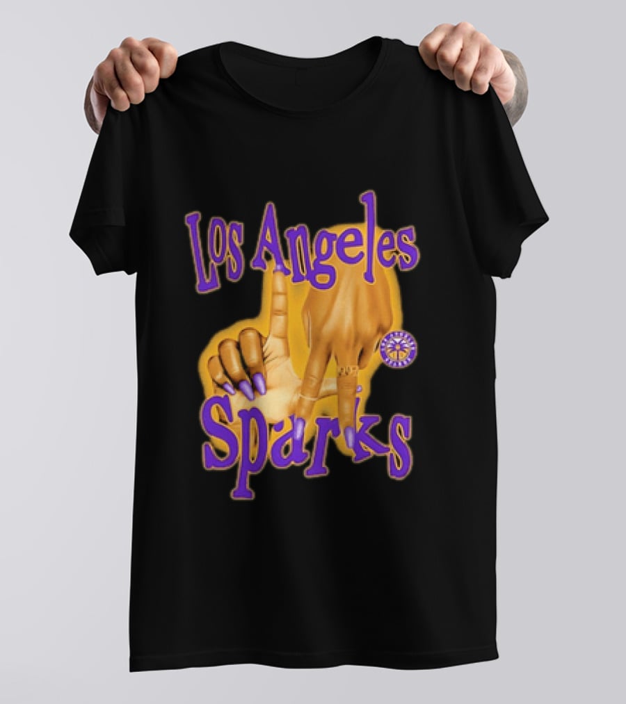 Los Angeles Sparks WNBA Finger Gesture Purple Ink Sketch T-Shirt
