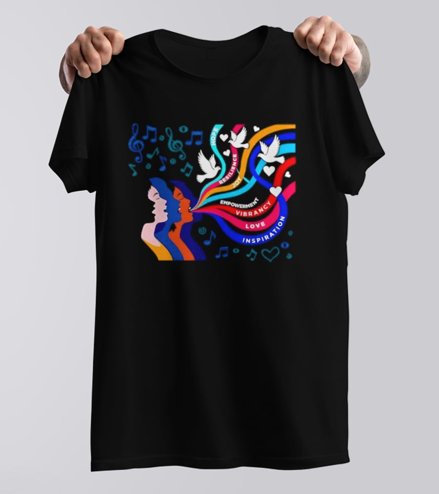 Women's Music Hope Resilience Joy Empowerment Vibrancy Love Inspiration Doves Notes Hearts T-Shirt