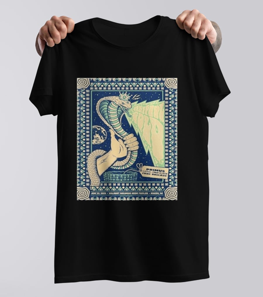 Primus Claypool Lennon Delirium Frog Brigade Tour June 22 2026 Walmart Arkansas Music Pavilion Rogers Cobra Hand T-Shirt