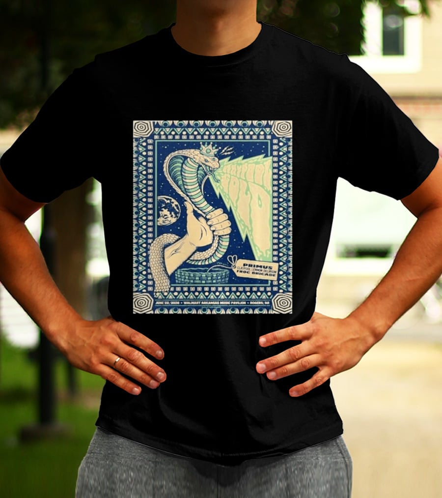Primus Claypool Lennon Delirium Frog Brigade Tour June 22 2026 Walmart Arkansas Music Pavilion Rogers Cobra Hand T-Shirt