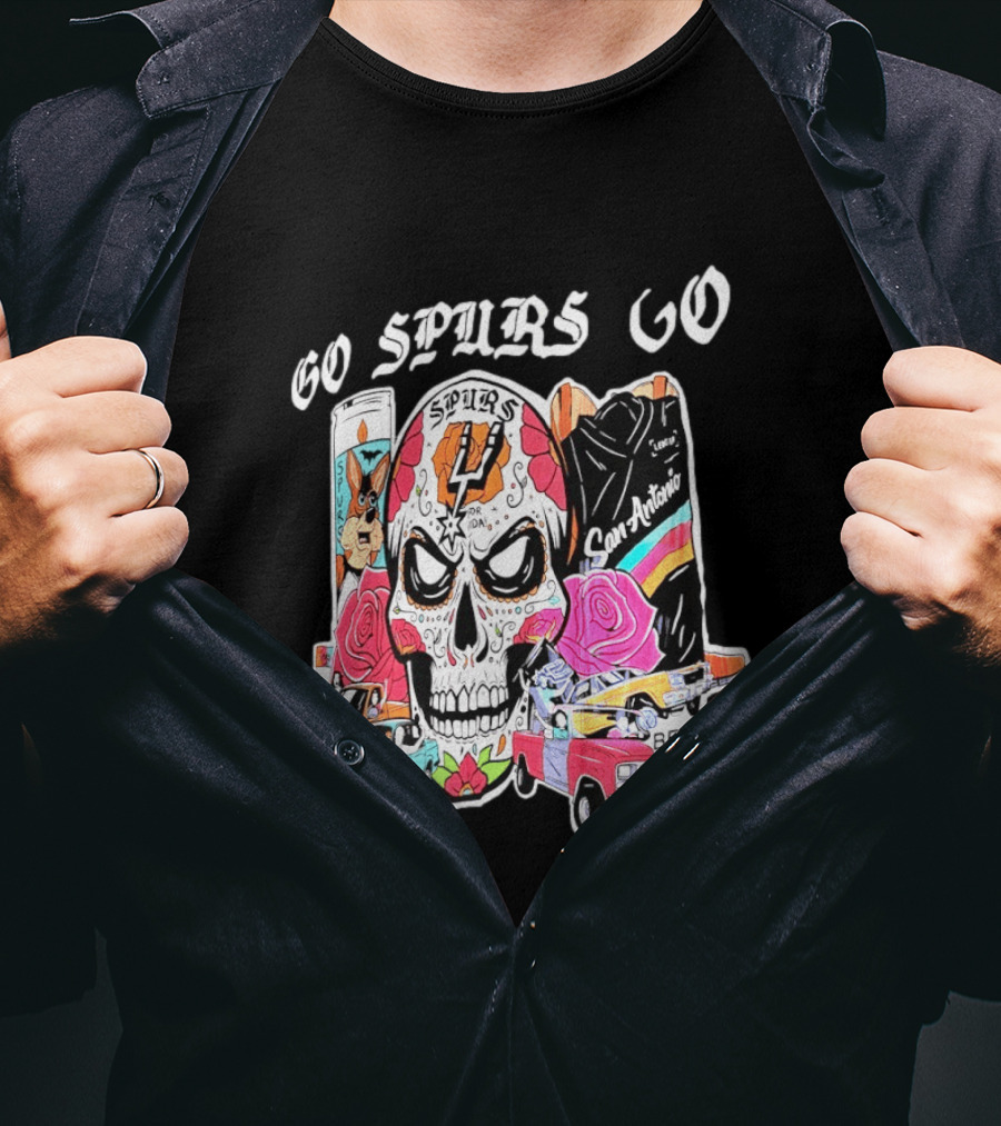 San Antonio Spurs Sugar Skull Go Spurs Go Vintage Cars Roses T-Shirt