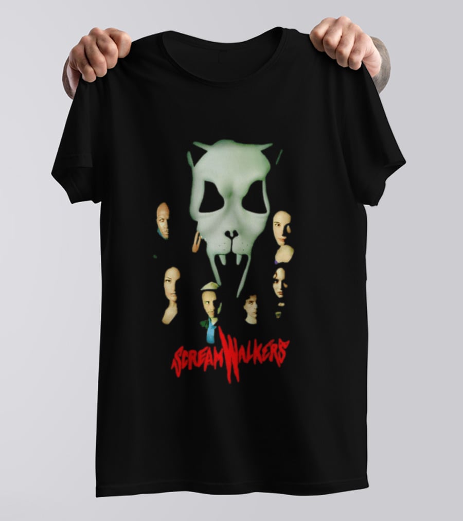 Screamwalkers Movie Cast Ensemble With Giant Mask Horror Faces T-Shirt