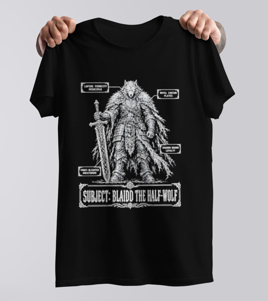 Blaidd Half Wolf Diagram Giant Sword Layered Fur Combat Form Analysis T-Shirt