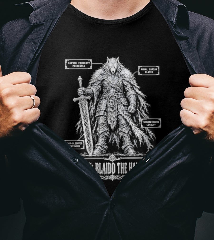 Blaidd Half Wolf Diagram Giant Sword Layered Fur Combat Form Analysis T-Shirt