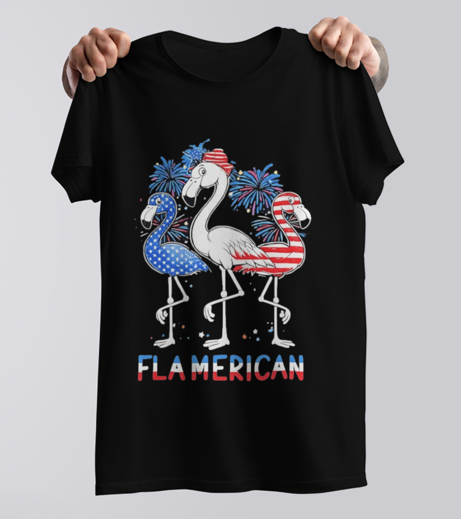Flamerican Flamingo Fireworks Patriotic Fourth Of July T-Shirt