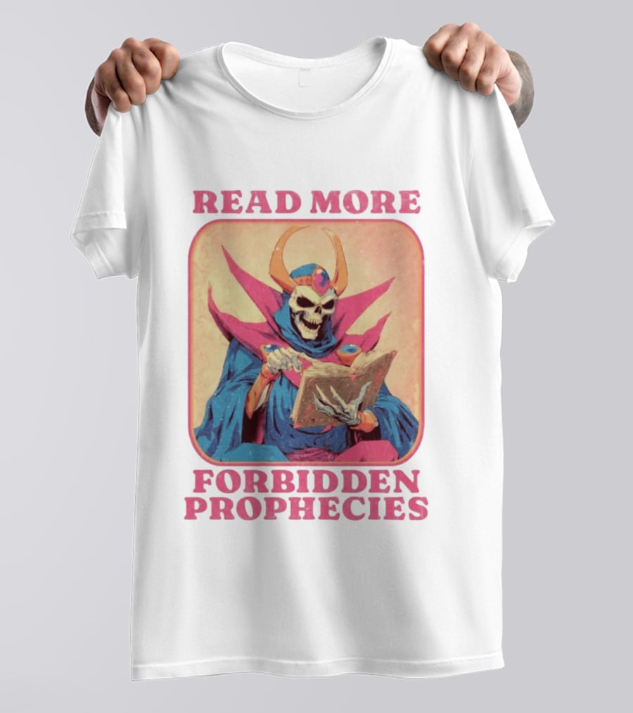 Read More Forbidden Prophecies Skeleton Cloaked Figure Holding Book T-Shirt