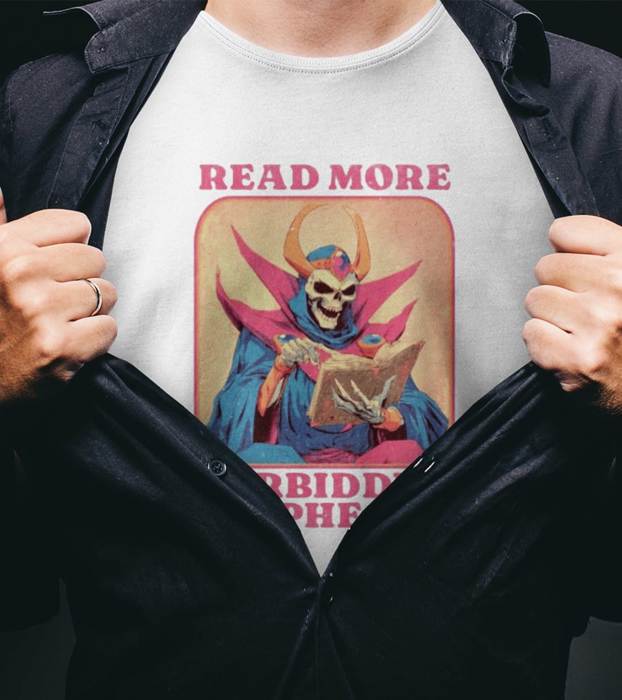 Read More Forbidden Prophecies Skeleton Cloaked Figure Holding Book T-Shirt