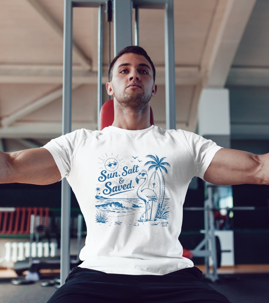 Sun Salt And Saved Flamingo Beach Scene With John 3 16 Christian T-Shirt