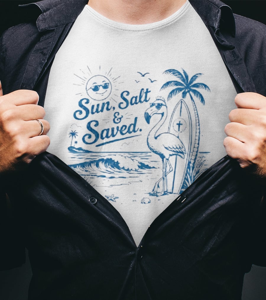 Sun Salt And Saved Flamingo Beach Scene With John 3 16 Christian T-Shirt