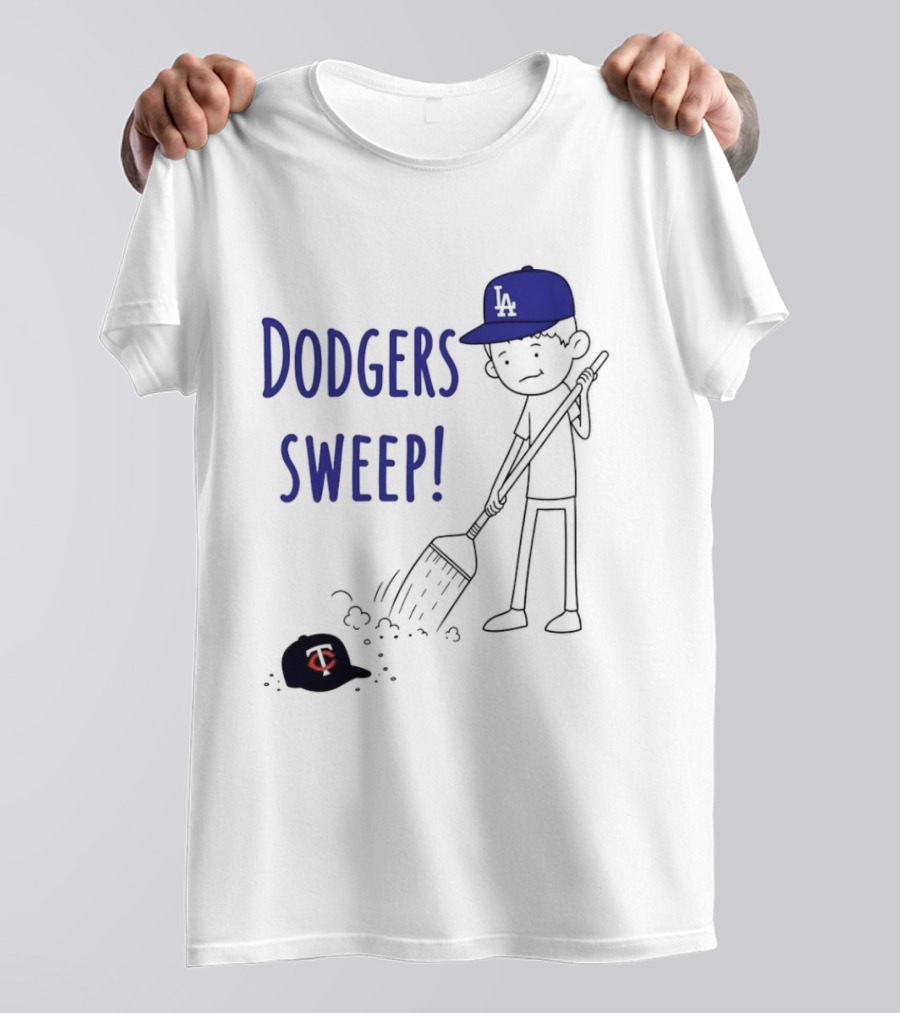 Dodgers Sweep Cartoon Figure In LA Cap Broom Action T-Shirt
