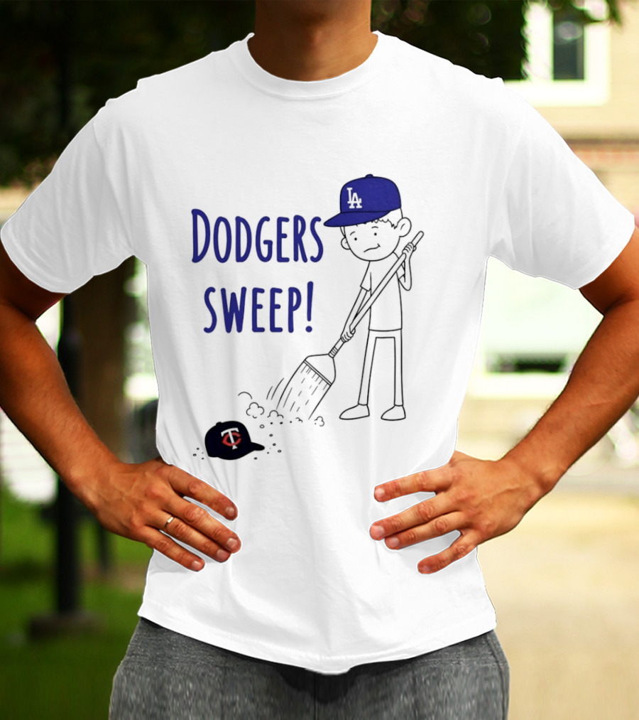 Dodgers Sweep Cartoon Figure In LA Cap Broom Action T-Shirt