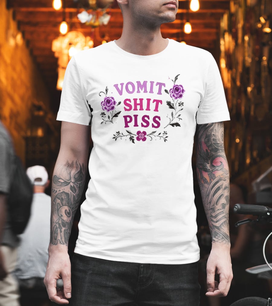 Vomit Shit Piss Floral Embroidery Roses T-Shirt