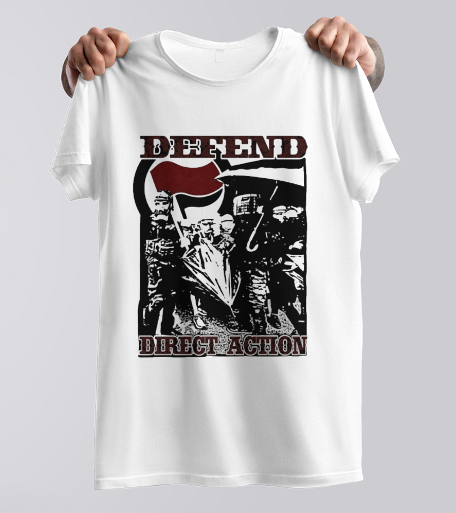 Defend Direct Action Antifa Protest Imagery With Red Flag Iconography T-Shirt