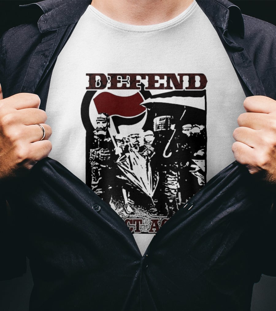 Defend Direct Action Antifa Protest Imagery With Red Flag Iconography T-Shirt