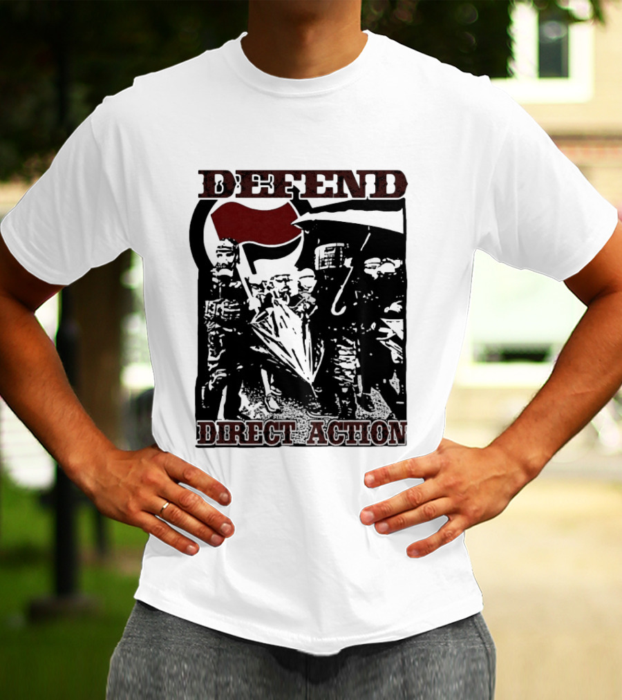 Defend Direct Action Antifa Protest Imagery With Red Flag Iconography T-Shirt