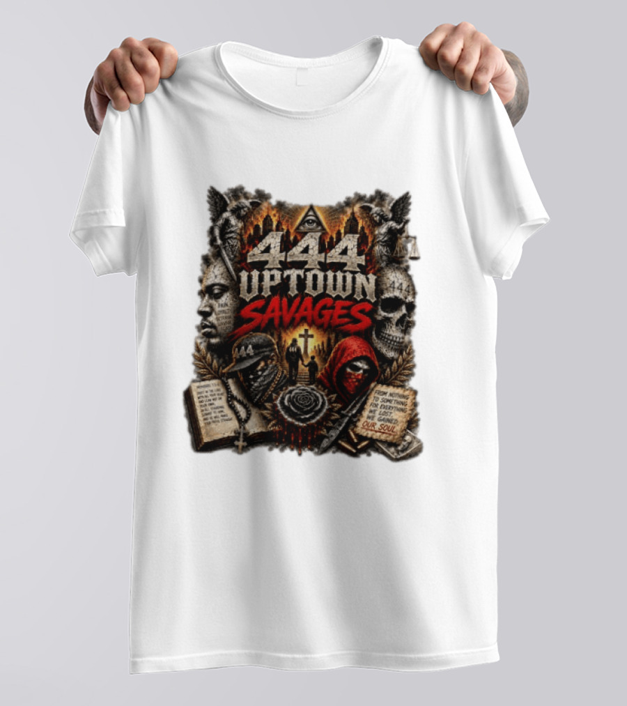 444 Uptown Savages Urban Gothic Art With Skulls And Roses T-Shirt