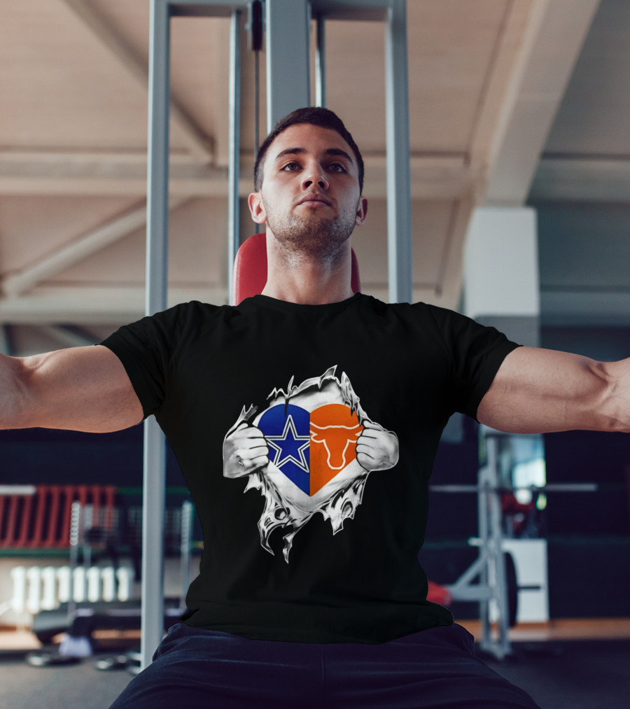 Dallas Cowboys And Texas Longhorns Heart Symbol Tearing T-Shirt